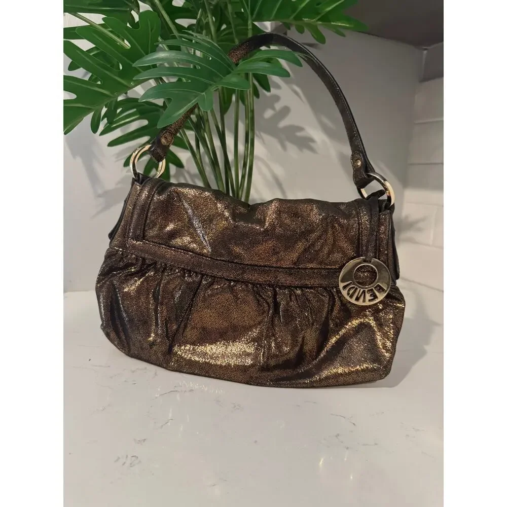 Fendi Metallic Bronze Leather Baguette Shoulder Bag Suede Interior Authentic COA - Picture 2 of 7